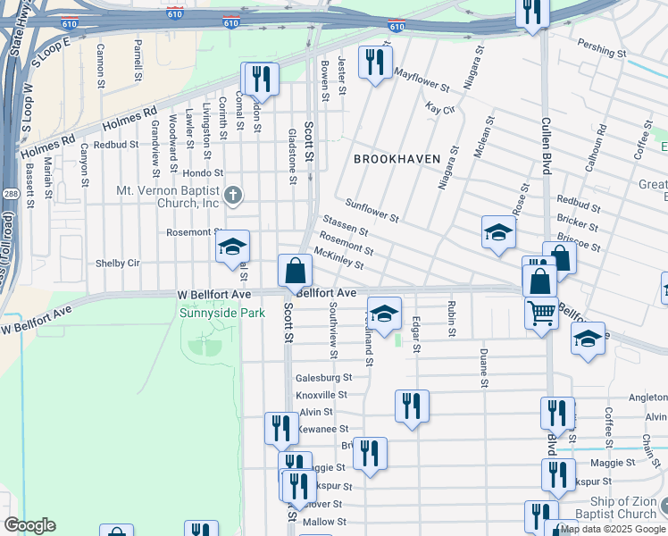 map of restaurants, bars, coffee shops, grocery stores, and more near 4204 Shelby Circle in Houston