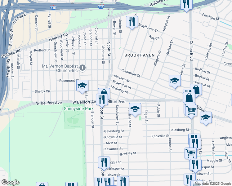 map of restaurants, bars, coffee shops, grocery stores, and more near 4204 Shelby Circle in Houston