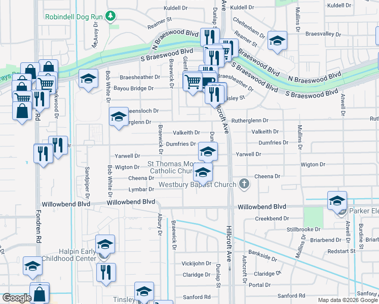 map of restaurants, bars, coffee shops, grocery stores, and more near 6011 Yarwell Drive in Houston