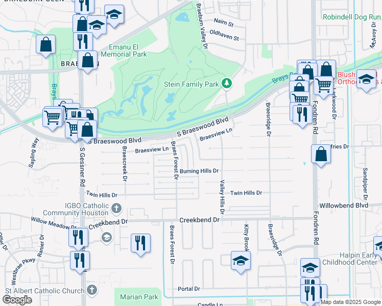map of restaurants, bars, coffee shops, grocery stores, and more near 10026 Murray Brook Drive in Houston