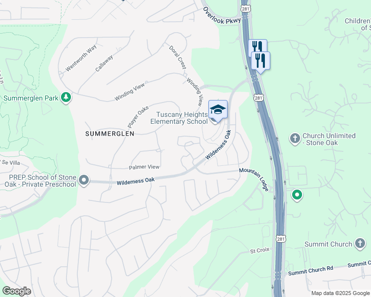 map of restaurants, bars, coffee shops, grocery stores, and more near 24625 Wilderness Oak in San Antonio