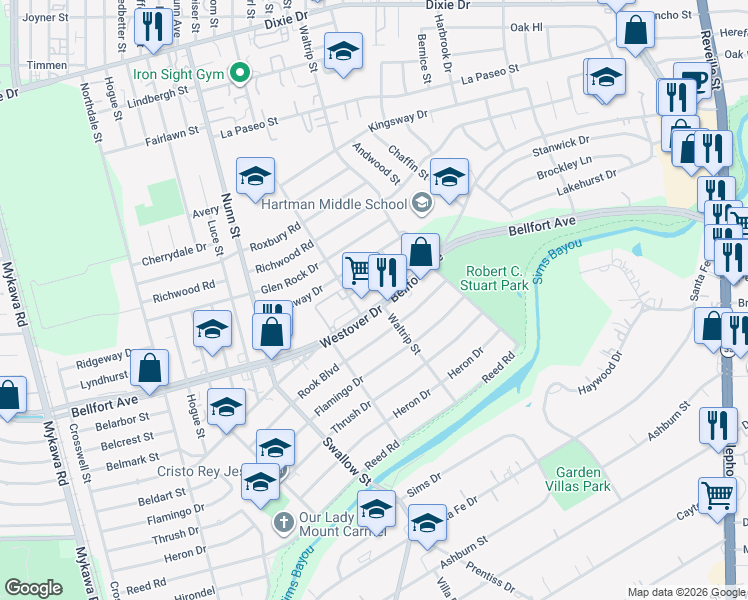 map of restaurants, bars, coffee shops, grocery stores, and more near 7065 Bellfort Street in Houston