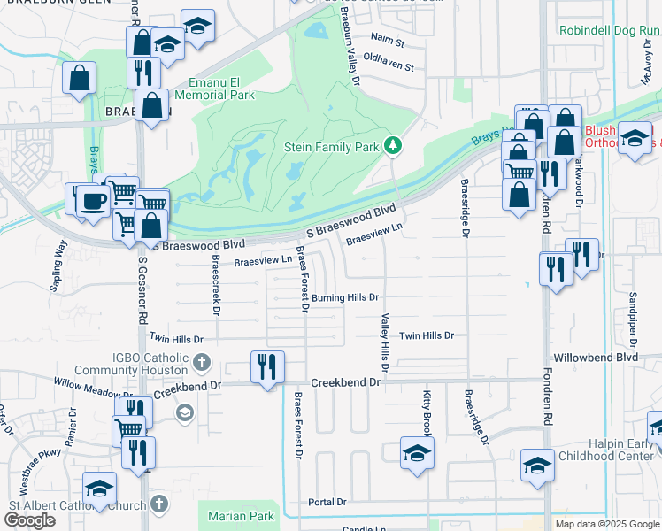 map of restaurants, bars, coffee shops, grocery stores, and more near 10026 Murray Brook Drive in Houston