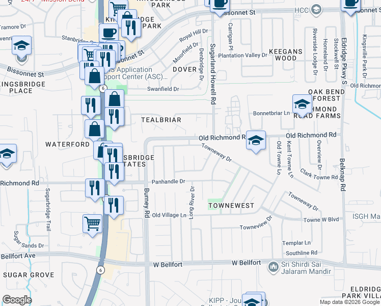 map of restaurants, bars, coffee shops, grocery stores, and more near 10015 Bell Towne Drive in Sugar Land