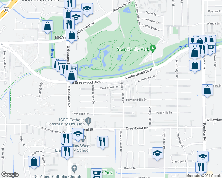 map of restaurants, bars, coffee shops, grocery stores, and more near 8127 Braesview Lane in Houston