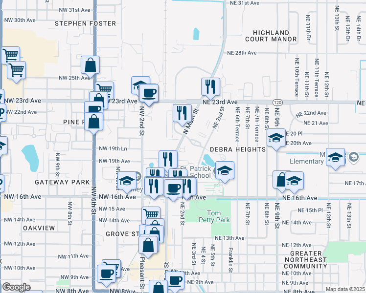 map of restaurants, bars, coffee shops, grocery stores, and more near 1931 North Main Street in Gainesville
