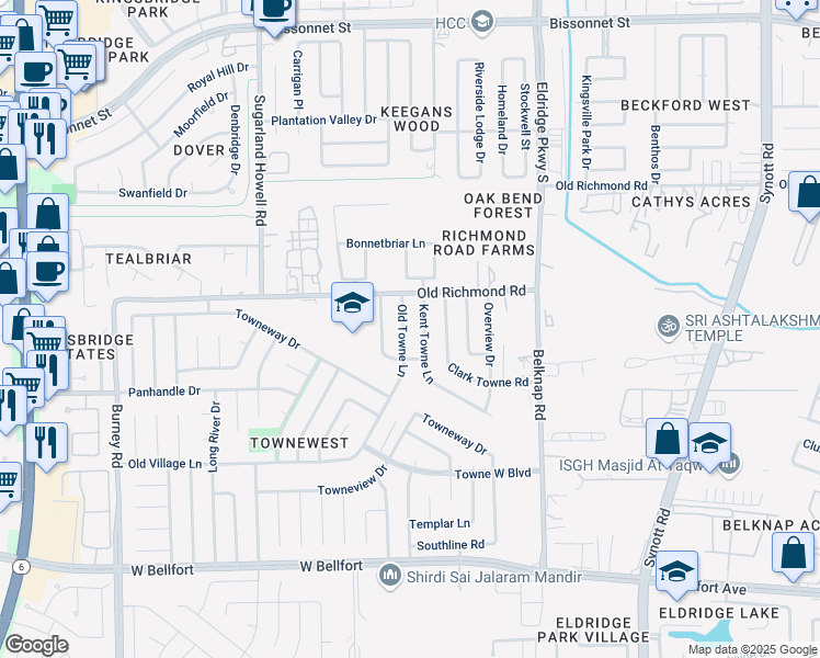 map of restaurants, bars, coffee shops, grocery stores, and more near 10014 Kent Towne Lane in Sugar Land