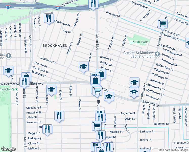 map of restaurants, bars, coffee shops, grocery stores, and more near 4642 Sunflower Street in Houston