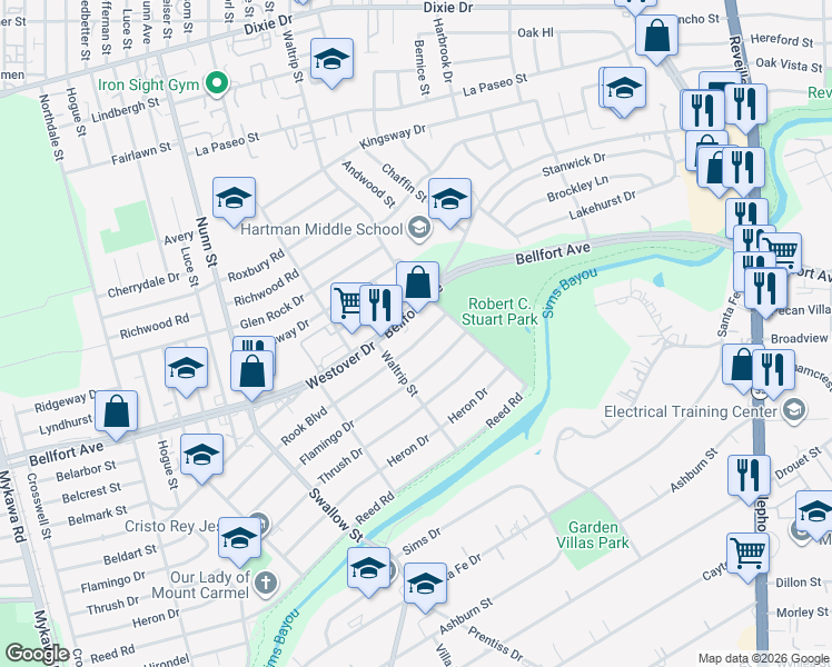 map of restaurants, bars, coffee shops, grocery stores, and more near 7122 Rook Boulevard in Houston