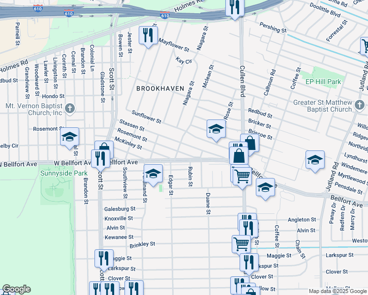 map of restaurants, bars, coffee shops, grocery stores, and more near 4510 Rosemont Street in Houston