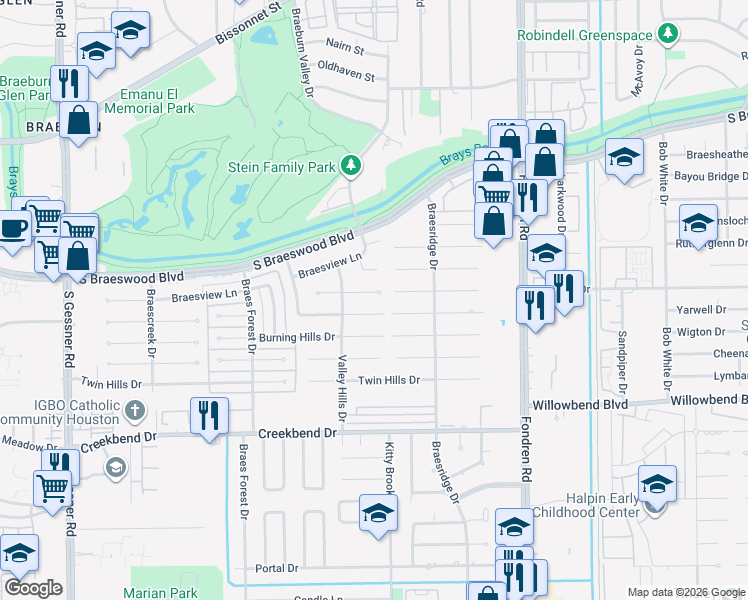 map of restaurants, bars, coffee shops, grocery stores, and more near 7818 Braesdale Lane in Houston