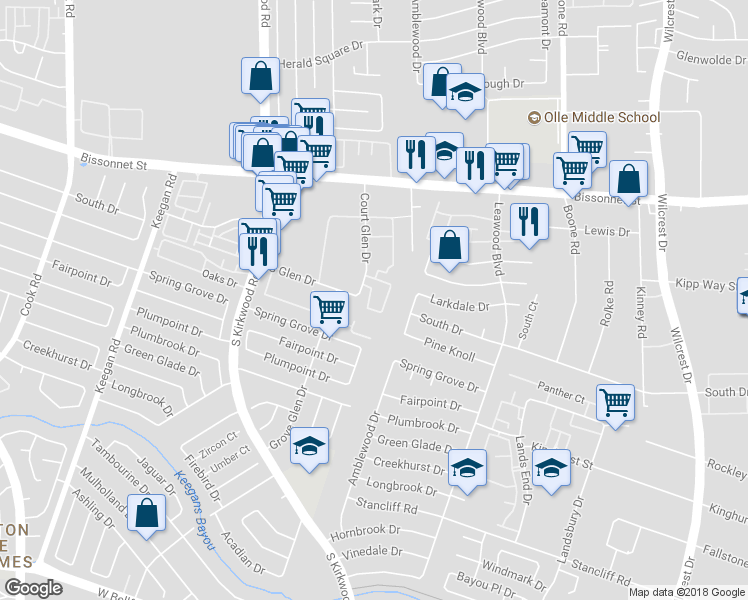 map of restaurants, bars, coffee shops, grocery stores, and more near 9755 Court Glen Drive in Houston