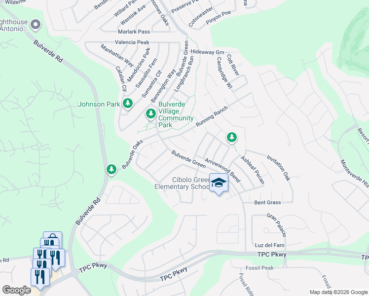 map of restaurants, bars, coffee shops, grocery stores, and more near 24015 Buckthorn Pass in San Antonio