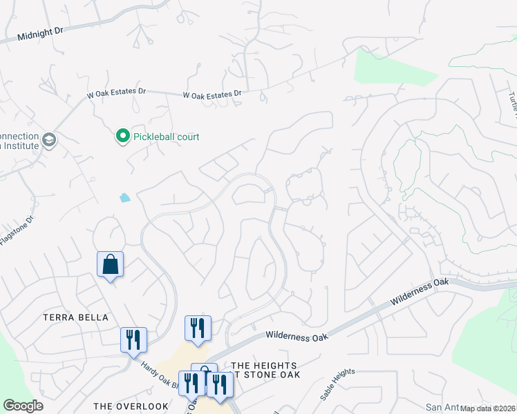 map of restaurants, bars, coffee shops, grocery stores, and more near 538 Tranquil Oak in San Antonio