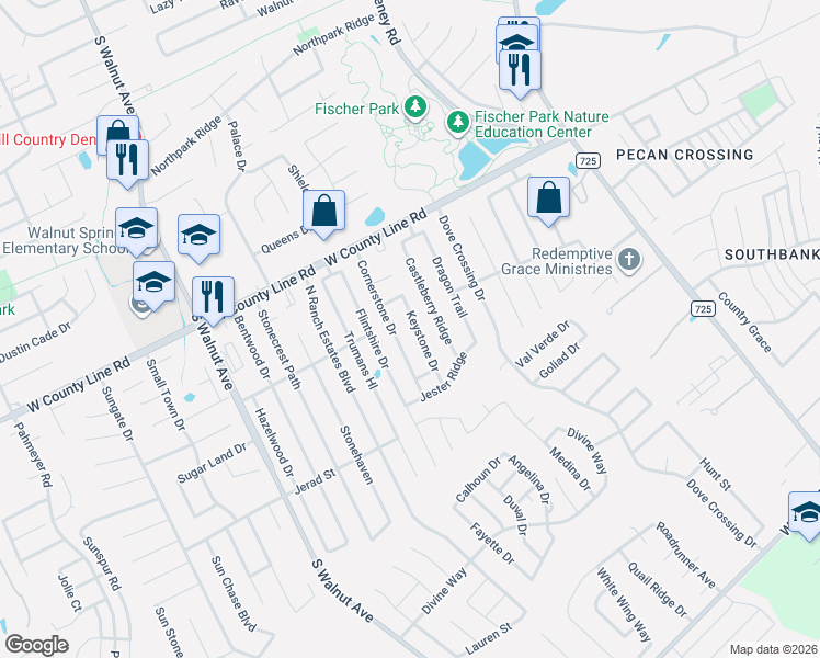 map of restaurants, bars, coffee shops, grocery stores, and more near 2153 Keystone Drive in New Braunfels