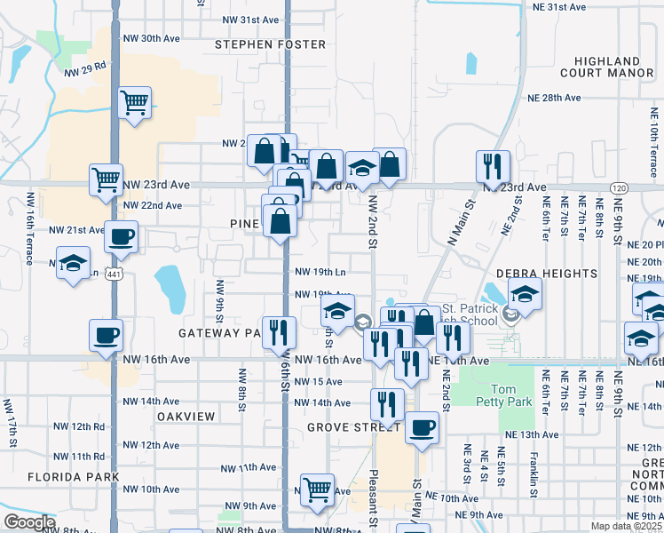 map of restaurants, bars, coffee shops, grocery stores, and more near 330 Northwest 19th Lane in Gainesville