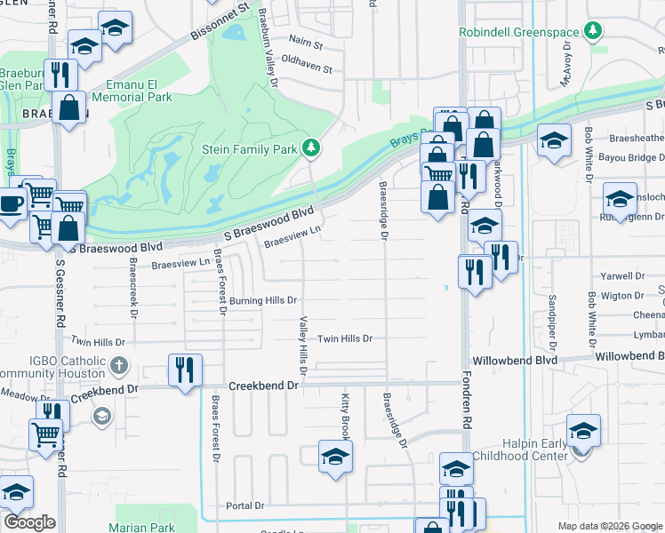 map of restaurants, bars, coffee shops, grocery stores, and more near 7818 Braesdale Lane in Houston