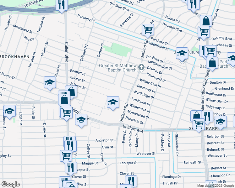 map of restaurants, bars, coffee shops, grocery stores, and more near 5109 Briscoe Street in Houston