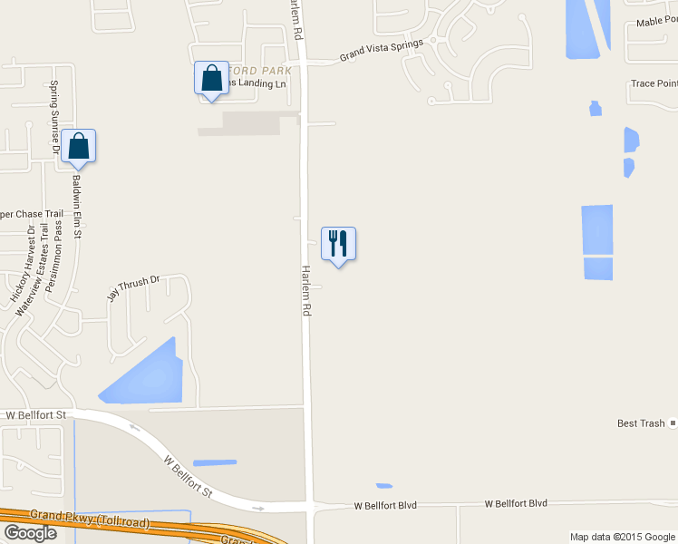 map of restaurants, bars, coffee shops, grocery stores, and more near 9823 Harlem Road in Richmond