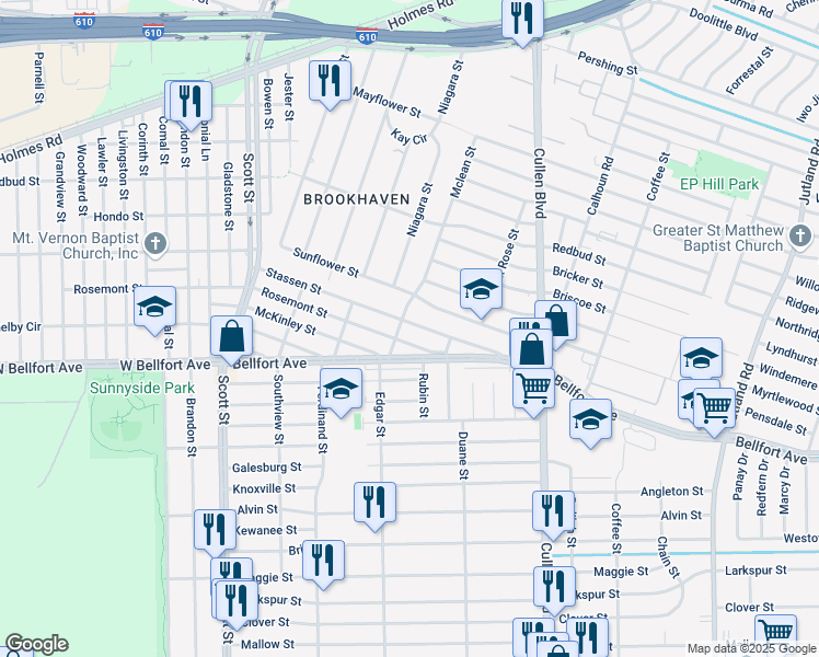 map of restaurants, bars, coffee shops, grocery stores, and more near 4510 Rosemont Street in Houston