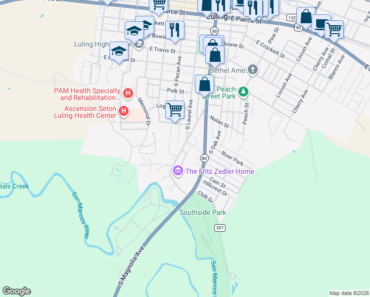 map of restaurants, bars, coffee shops, grocery stores, and more near 127 Rivercrest Street in Luling