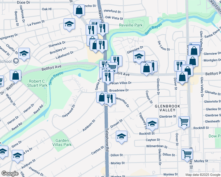 map of restaurants, bars, coffee shops, grocery stores, and more near 6511 Texas 35 in Houston