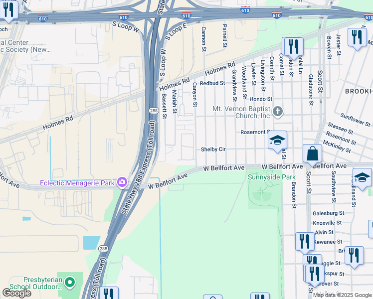 map of restaurants, bars, coffee shops, grocery stores, and more near 8300 Canyon Street in Houston