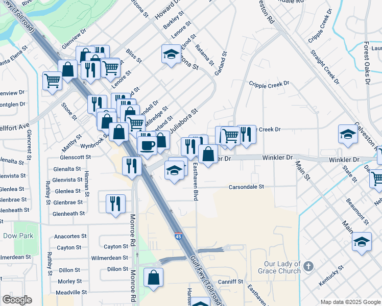 map of restaurants, bars, coffee shops, grocery stores, and more near 8816 Winkler Drive in Houston