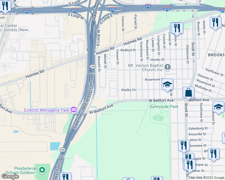 map of restaurants, bars, coffee shops, grocery stores, and more near 8300 Canyon Street in Houston