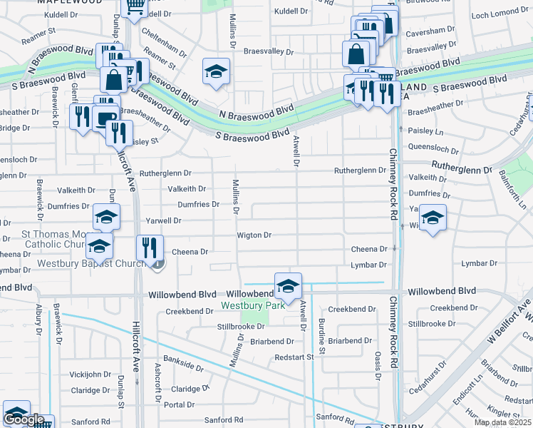 map of restaurants, bars, coffee shops, grocery stores, and more near 5623 Yarwell Drive in Houston