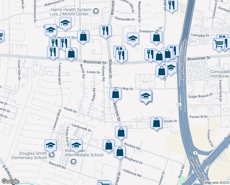 map of restaurants, bars, coffee shops, grocery stores, and more near 10111 Wilcrest Drive in Houston