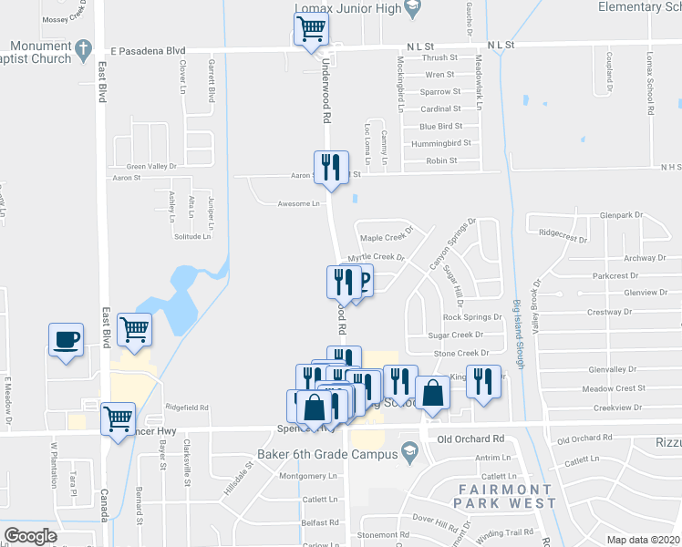 map of restaurants, bars, coffee shops, grocery stores, and more near 2425 Underwood Road in La Porte