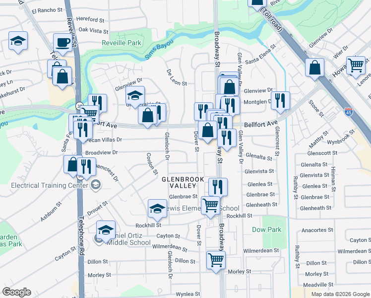 map of restaurants, bars, coffee shops, grocery stores, and more near 7880 Broadview Drive in Houston