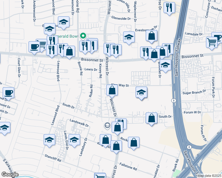 map of restaurants, bars, coffee shops, grocery stores, and more near 10111 Wilcrest Drive in Houston
