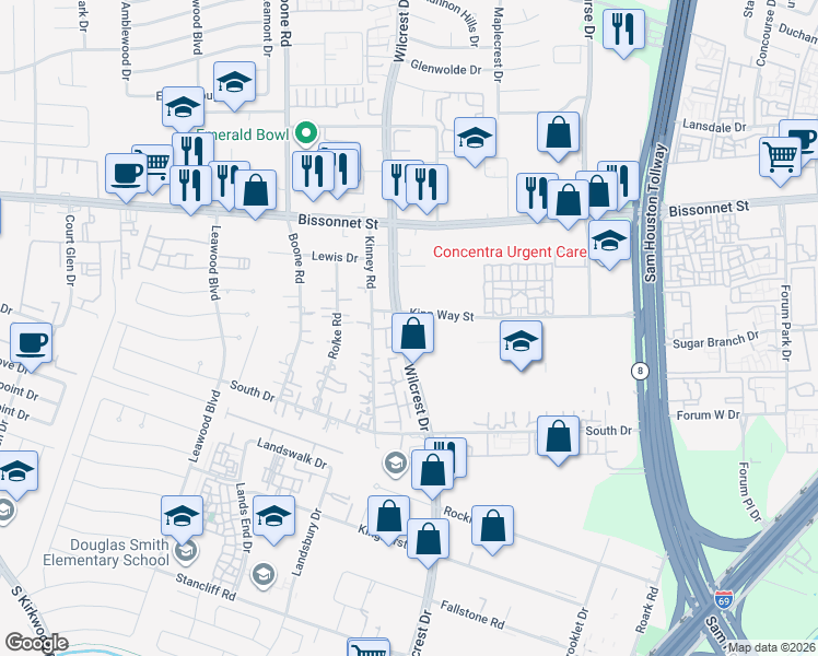 map of restaurants, bars, coffee shops, grocery stores, and more near 10111 Wilcrest Drive in Houston