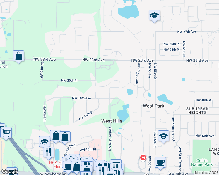 map of restaurants, bars, coffee shops, grocery stores, and more near 11237 Northwest 19th Lane in Gainesville