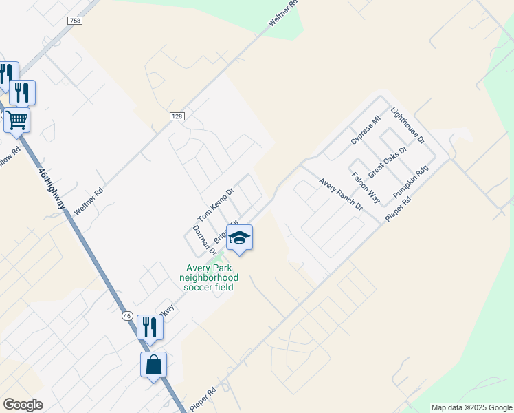 map of restaurants, bars, coffee shops, grocery stores, and more near 604 Briggs Drive in New Braunfels