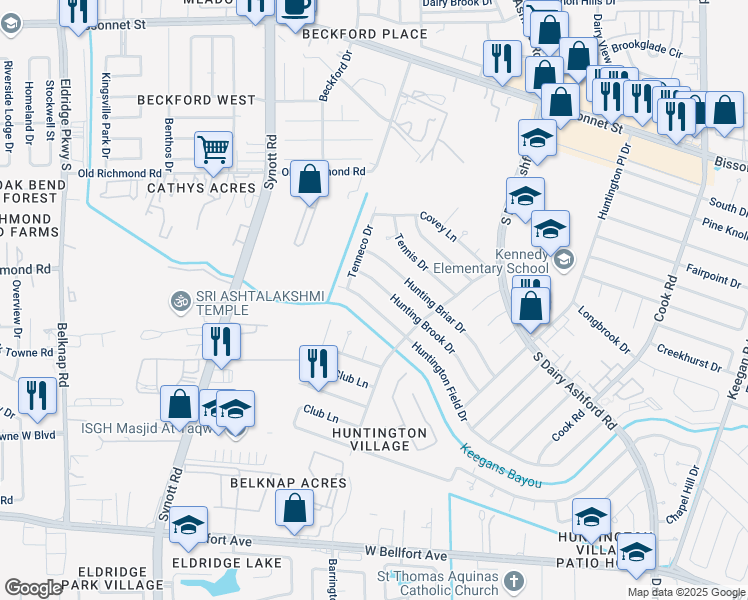 map of restaurants, bars, coffee shops, grocery stores, and more near 12803 Huntington Field Drive in Houston