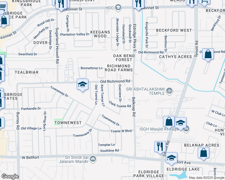 map of restaurants, bars, coffee shops, grocery stores, and more near 10015 Towne Brook Lane in Sugar Land