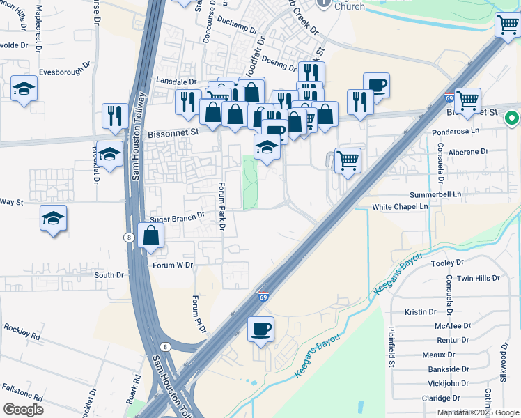 map of restaurants, bars, coffee shops, grocery stores, and more near 9900 Sugar Branch Drive in Houston