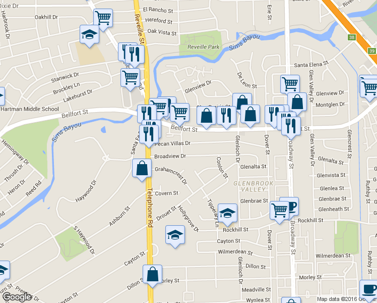 map of restaurants, bars, coffee shops, grocery stores, and more near 7709 Broadview Drive in Houston