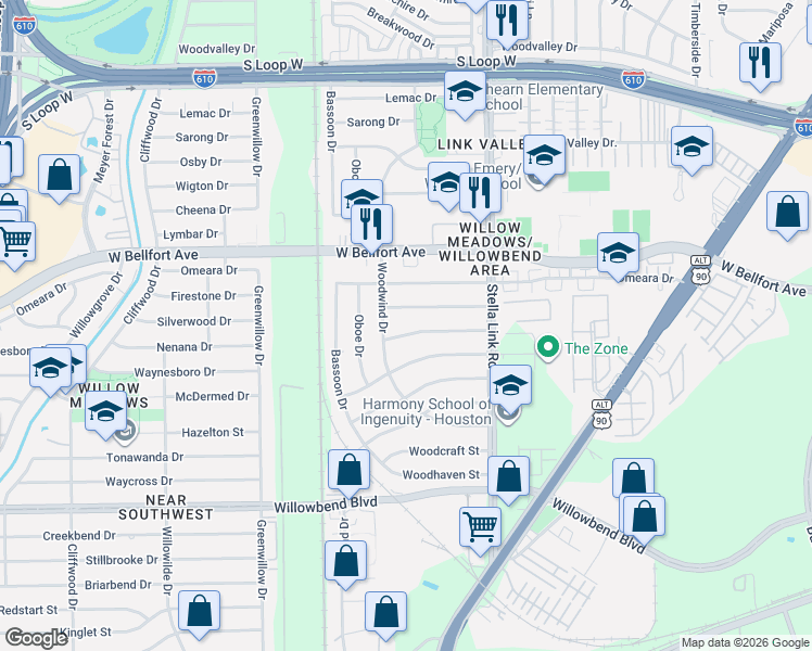 map of restaurants, bars, coffee shops, grocery stores, and more near 4073 Nenana Drive in Houston