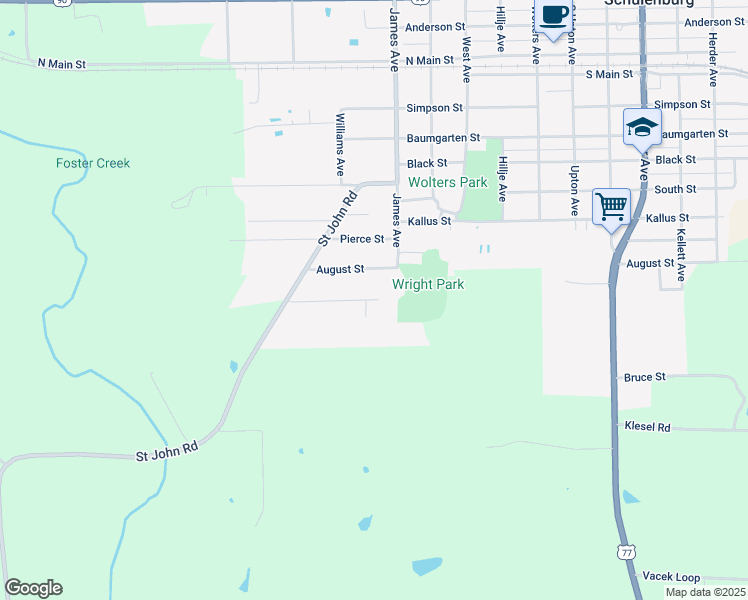 map of restaurants, bars, coffee shops, grocery stores, and more near 1112 J A Green Street in Schulenburg