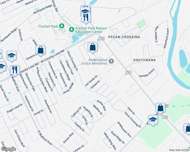 map of restaurants, bars, coffee shops, grocery stores, and more near 218 Val Verde Drive in New Braunfels