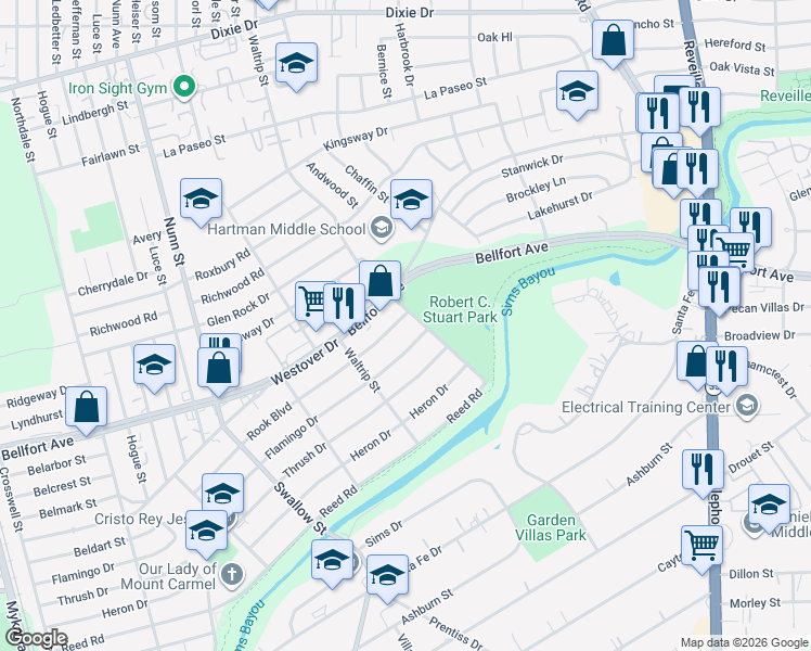 map of restaurants, bars, coffee shops, grocery stores, and more near 7148 Flamingo Drive in Houston