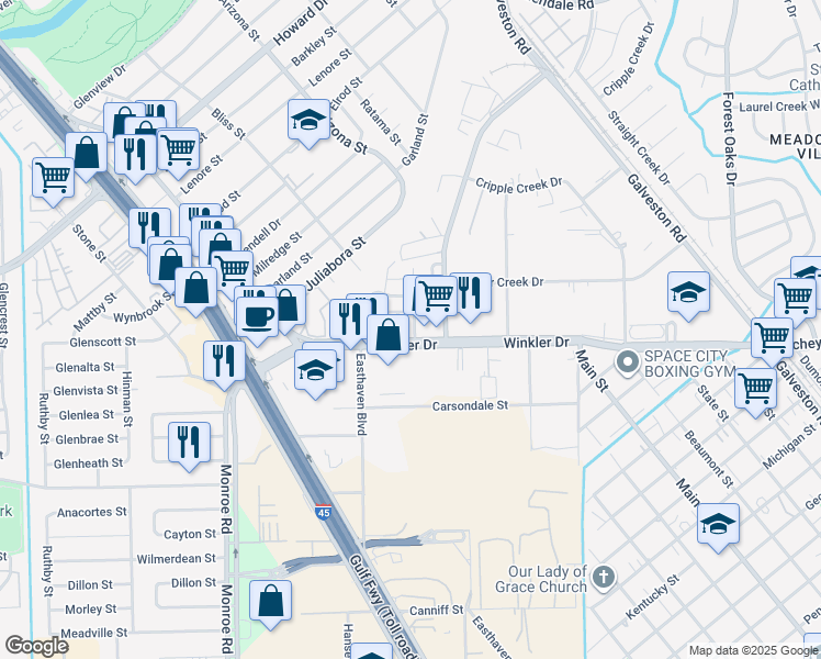 map of restaurants, bars, coffee shops, grocery stores, and more near 8926 Winkler Drive in Houston