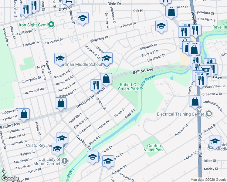 map of restaurants, bars, coffee shops, grocery stores, and more near 7148 Flamingo Drive in Houston