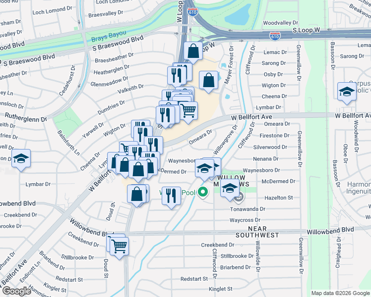 map of restaurants, bars, coffee shops, grocery stores, and more near 4826 Waynesboro Drive in Houston