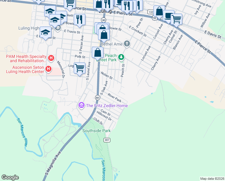 map of restaurants, bars, coffee shops, grocery stores, and more near 116 River Park in Luling