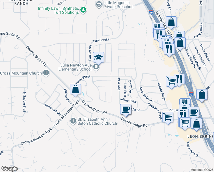 map of restaurants, bars, coffee shops, grocery stores, and more near 8202 Taos Creek in San Antonio